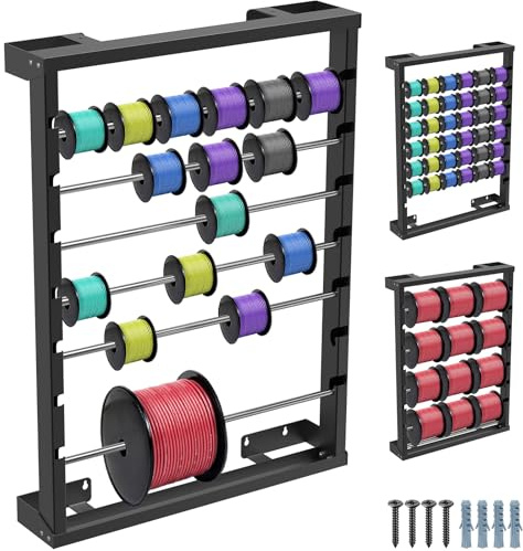 SELEWARE Heavy Duty Wall-Mounted Wire Spool Rack – Cable Reel Holder and Dispenser with 6 Adjustable Stainless Steel Rods for Industrial, Electrical, and Retail Storage and Display (Black)