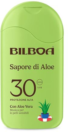 Bilboa Sapore di Aloe Latte Solare SPF 30, con Aloe Vera, Musica per le Pelli Sensibili, Resistente all'Acqua, Dermatologicamente Testato - 200 ml