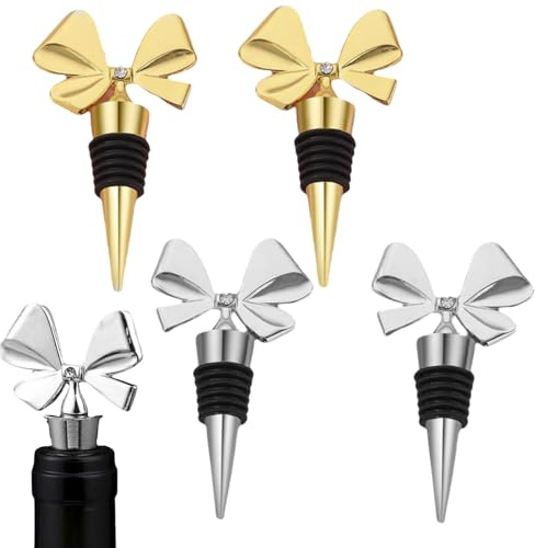 Homeily 4 Bow Wine Stoppers, Reusable Metal Champagne Seal Gold Silver | Zinc alloy silicone plug, dishwasher-safe, fits bubbly red white rose, ribbon knot, durable, party wedding bar occasion set