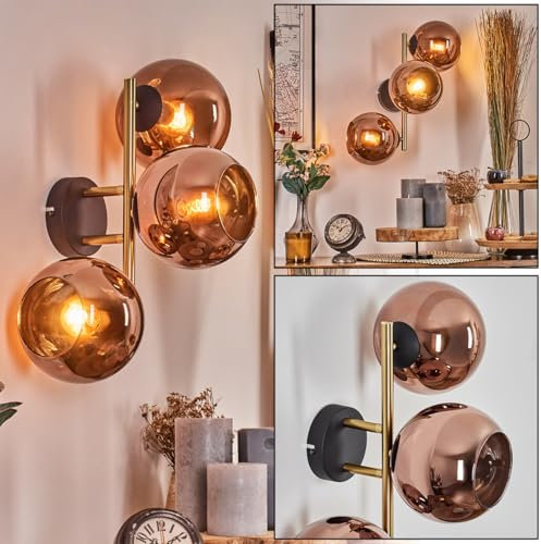 HOFSTEIN Wandleuchte Koyoto, Wandlampe aus Metall/Glas in Schwarz/Gold/Kupfer, moderne Leuchte im Retro/Vintage-Design (Schirme Ø 15 cm), E14, Wohnzimmer, Schlafzimmer, Küche, Flur, Treppenhaus
