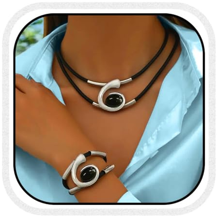 Fashband Silbernes Halsketten-Set, Boho-Stil, doppellagig, Anhänger, Halskette und Armband-Set, Vintage-Modeschmuck für Damen