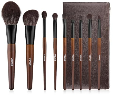VEVOR Juego Elegante de 9 Brochas de Maquillaje para Base, Difuminado y Sombras de Ojos, con Cerdas Suaves de Lana Natural y Sintéticas Veganas, Mango Ergonómico de Madera, Bolsa de Viaje, Marrón