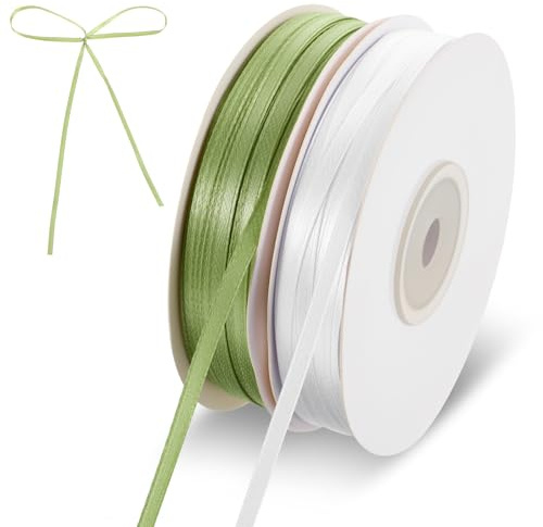TIESOME 91 m Schleifenband Grün und 91 m Satinband Weiß, 3 mm Grün Satinband Geschenkband Band Eukalyptus Dekoband Geschenkband zum Basteln für Basteln Geschenkverpackung Geburtstag Hochzeit Deko