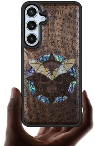 Carveit Designer Wooden Case for Samsung Galaxy S24 FE Case Cover [Wood Engraving & Shell Inlay] Compatible with Wireless Chargers S24 FE Cover (Bat and Skull-Walnut)