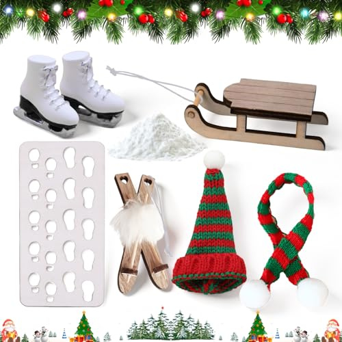 7 Pcs Set Wichtel Zubehör Ski Deko Klein Wichtel Zubehör Weihnachten | EinschließLich Hüte Schals Miniatur Schlittschuhe Schlitten Miniatur Skier und Fußabdruckbrett, für Weihnachts Deko