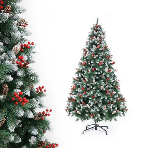 APICIZON 2.1m/7ft Artificial Christmas Tree with PineCones & Berries, Snowy Flocked Xmas Tree with 1200 Branch Tips, Christmas Decorations