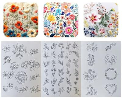 FUGLUS 3 Blätter 122 Stück Stickvorlagen Wasserlöslich Selbstklebend, Blumenmuster Kreuzstich Stickmuster für Anfänger, DIY Stoffstickerei und Stichübungen Projekte