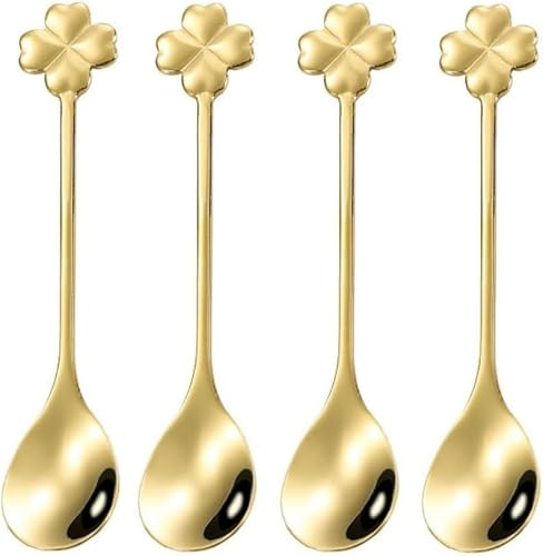 HSYTEK Juego de 4 cucharillas de acero inoxidable, cucharillas de café de 12,5 cm, cucharas de café, cucharadas de helado, con forma de trébol de cuatro hojas, para comedores, bares, café, postres
