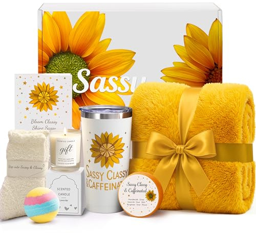 Mothers Day Gifts for Mom, Sunflower Gift Set for Women Wife Friends - Birthday, Christmas, Valentine's Day Gifts | Thoughtful Care Package - Cozy Blanket, Spa & Relaxation - Get Well Soon Baskets Set