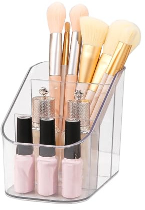 DASITON Large Capacity Makeup Brush Holder, 3 Slots Makeup Brush Cup, Vintage Make Up Brush Holder, for Vanity, Bathroom Countertops, Desk Storage Organizer, Acrylic Cosmetic Display Cases (Clear S)