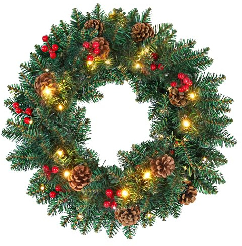 LuupoCiore Christmas Wreath for front door 12/16/20inches with Warm LED Lights Pine Cones+Berries, Ideal Xmas Wreath For Christmas Decorations,Indoor/Outdoor Christmas Door Decorations (16inch（40cm）)