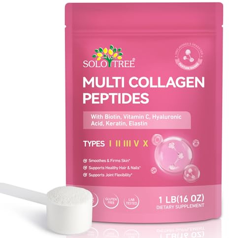 Multi Collagen Peptides Powder, 1 lb Unflavored Hydrolyzed Collagen Types I, II, III, V, X，16 oz (41 Servings)-Hyaluronic Acid Power,Grass Fed Collagen Supplements for Women and Men, Non GMO