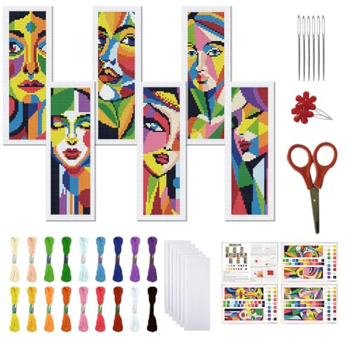 FREEBLOSS 6 Set Lesezeichen Kreuzstich Sets, Cross Stitch Kit Mit Anleitung, Farbenfrohe Porträts, Kreuzstich Set Für Anfänger, Lesezeichen Herstellungsset als Geschenk