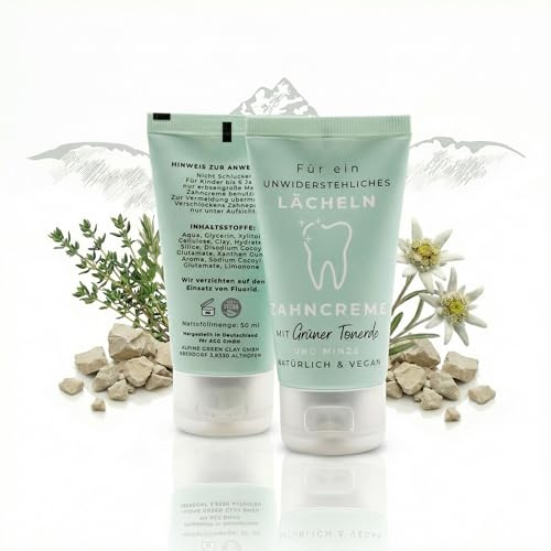 Zahncreme Fluoridfrei & Vegan – 50ml Natürliche Zahnpflege mit grüner Tonerde aus Österreich – Zahnpaste ohne Mikroplastik – Mineralstoffreiche Mundhygiene mit Xylitol & Minze