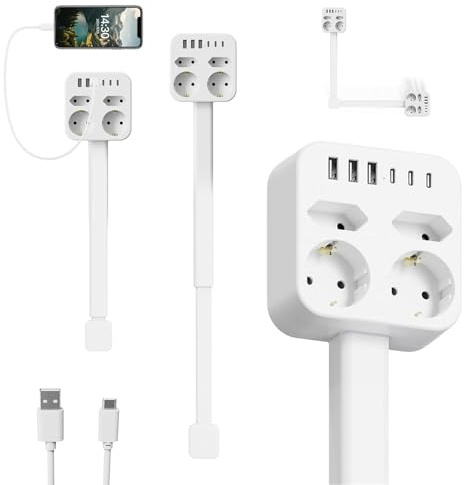 Steckdosen Verlängerung mit 4 Schuko Steckdosen, 3 USB-A & 3 USB-C, 360° Drehbar & Ausziehbar (44,5-65 cm), Ausziehbare Steckdosenleiste mit für Schwer Zugängliche Steckdosens