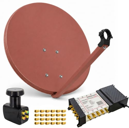 Premium X Satelliten-Komplettanlage 80cm Satellitenschüssel Ziegelrot Multischalter 5/8 Quattro LNB 24x F-Stecker, 1 SAT für 8 Teilnehmer