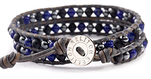 KELITCH Achat Tiger Eye Perlen Armband Armreif Leder Retro 2 Wraps Charme Armbänder