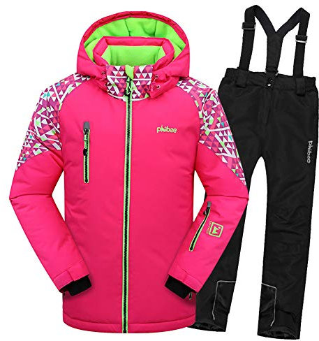 LPATTERN Kinder Skifahren Bekleidung - Kinder Jungen/Mädchen Zweiteilig Skianzug Schneeanzug Outfit-Set(Skijacke+ Skihose), Pink Jacke+ Schwarz Trägerhose, 122/128