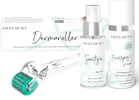 Microneedling Set Basic FACES OF FEY - 192 ECHTE NADELN- mit Dermaroller, Hyaluron Serum und Sanitizer - Nadelroller 0,5 mm für Gesicht & Körper - straffung & Modellierung