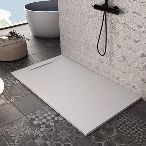Plato de ducha de marmoresina en color blanco, efecto pizarra, serie Barcelona Slim 3 cm, revestimiento de Gelcoat, antideslizante