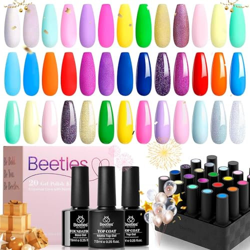 Beetles 23 Pcs Gel Nail Polishes Unicorn Collection Pastel Pink Yellow Blue Nail Polish Purple Green Glitter Gel Polish Soak off Gel Nail Kit with Base Gel Glossy&Matte Top Gifts for Women