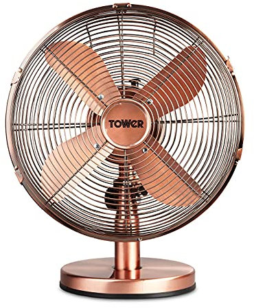 Tower T605000C Metal Desk Fan with 3 Speeds, Automatic Oscillation, 12”, 35W, Copper