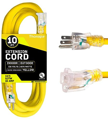 Thonapa 10 Foot Lighted Outdoor Extension Cord - 12/3 SJTW Heavy Duty Yellow Extension Cable with 3 Prong Grounded Plug for Safety - Great for Garden and Major Appliances