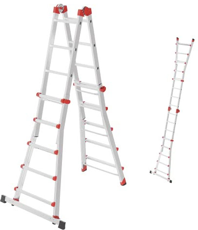 Hailo M80 Alu-Multifunktionsleiter - Schiebeleiter 4 x 5 Sprossen belastbar bis 150 kg - Sicherheitsgelenke und Rastgriffe - sprossenweise höhenverstellbar - Mehrzweckleiter rostfrei - Silber