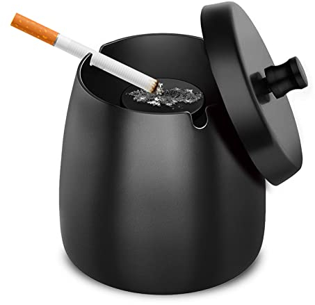 GothicBride Aschenbecher Edelstahl mit Deckel Schwerer Aschenbecher Sturm-Wind Rutschfestem Basis für Draußen und Innen Silber für Zigaretten-Reste und Asche in Garten Bar Büro (Schwarz-M-10X8X10)