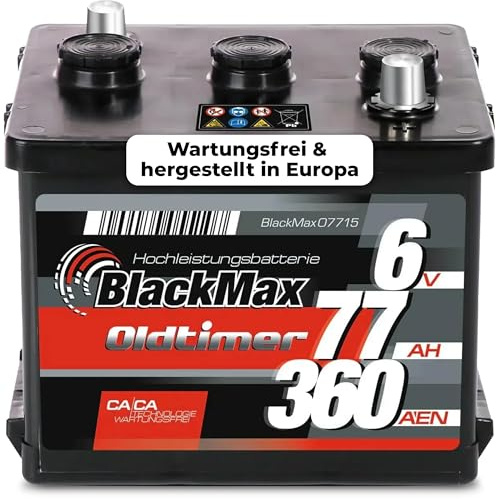 BlackMax Oldtimer Batterie 6V 77Ah 360A/EN [07715] - 6 Volt Autobatterie für PKW - Starterbatterie mit Ca/Ca Technologie - wartungsfrei & sofort startklar