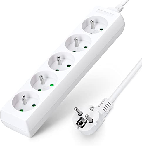 Aigostar - Multiprises 5 Prises 16A 2P + E Extension d'alimentation de 5 Mètre Câble et Sécurité Enfant Blanc