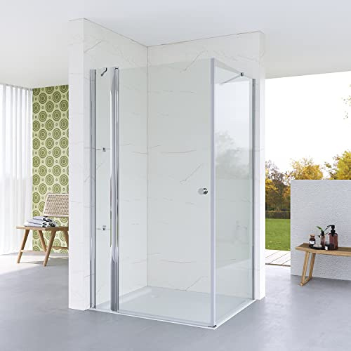 Duschkabine Eckeinstieg Bodengleich 100x80 x 187 cm Duschwände für Eckdusche Ebenerdig Duschtür Drehtür an Festteil mit festem Seitenteil Seitenwand Echtglas 5 mm klar Höhe 187 cm