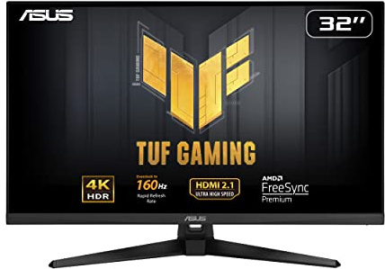 ASUS TUF Gaming 32” (31.5” viewable) 4K HDR DSC Gaming Monitor (VG32UQA1A) - UHD (3840 x 2160), 160Hz, 1ms, Extreme Low Motion Blur Sync, Freesync Premium, HDMI2.1, Speakers, 120% sRGB, DisplayHDR 400