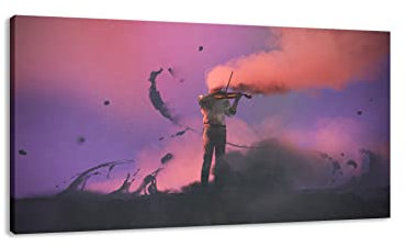 Bild von Surreal Konzept Canvas Prints. Der geheimnisvolle Musiker mit farbigem Rauch spielt eine Geige Wandkunst auf Leinwand für Wohnzimmer Schlafzimmer Dekoration 80x144cm Umwickelte Leinwand