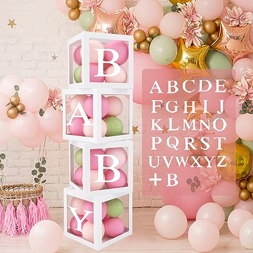 Scatola Baby Shower, 4 Pezzi Scatole Decorative Baby, 25cm Cubi Trasparente Baby con 27 Lettere per Baby Shower Decorazioni, Compleanno, Battesimo Bimbo Bimba, Gender Reveal Party