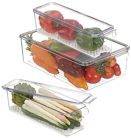 Relaxdays Kühlschrank Organizer, 3er Set Kühlschrankeinsätze, 2 Größen, Kühlschrankboxen mit Deckel, transparent/weiß