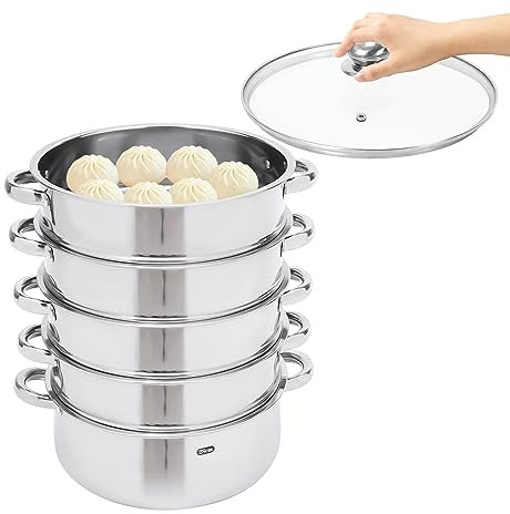 5-tier Multi-Cooker Food Steamer Stainless Steel Metal Steamer Pan Food Cookware with Anti-Scald Handle and Glass Lid, Dishwasher-Safe for Home and Kitchen, Silver (26cm)