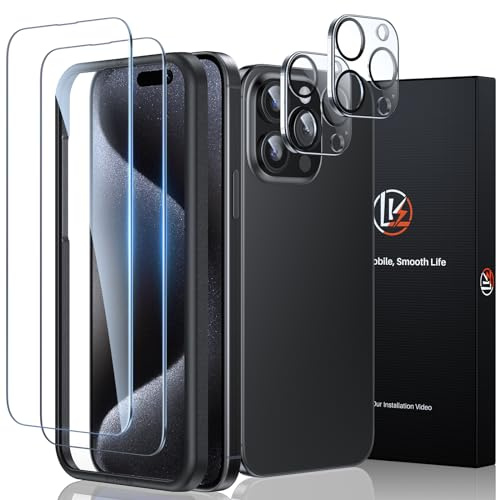 LK Schutzfolie für iPhone 15 Pro(6.1), 2 Stücke Panzerfolie und 2 Stücke Kamera Schutzglas, [Rahmen-Installationshilfe], [9H Härte Glasfolie ], [HD Displayschutz], 2+2 Stück Screen Protector