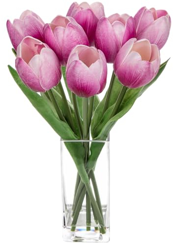 Briful Fake Flowers Artificial Tulip Flower in Clear Vase, Purple Real Touch Foam Tulip Arrangement Suitable for Home Office Decoration, Dining Table Centerpiece