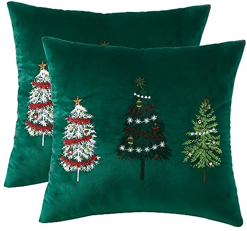 Tosleo Juego de 2 Fundas de Almohada Bordadas de Navidad 18x18 Pulgadas - Terciopelo Verde Con Árbol, Decoración de Fiesta, Cojín Bordado