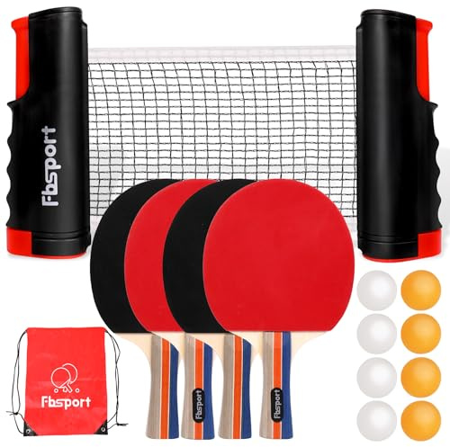FBSPOR Table Tennis Set with 4 Ping Pong Paddles, Retractable Net, 8 Ping Pong Balls and a Carry Case, Portable Ping Pong Set for Indoor Outdoor Games for Any Table, Gift