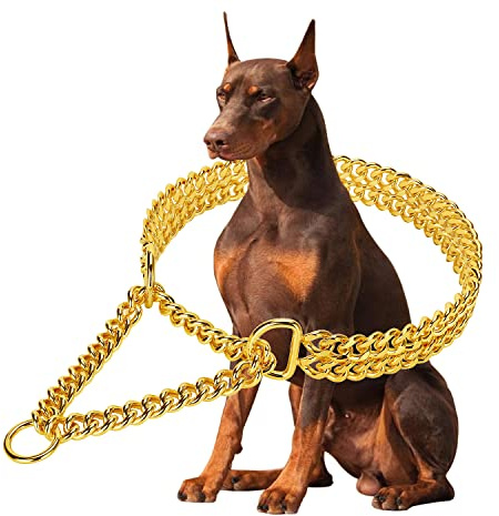 Goldfarbenes Hundehalsband, Edelstahl, 18-karätiges Gold, verstellbares Gehen, Metall, Cuban Link Panzerkette, kaufest, Zweireihige Kette, für große, kleine, mittelgroße Hunde, 30,5–40,6 cm, 18 Karat