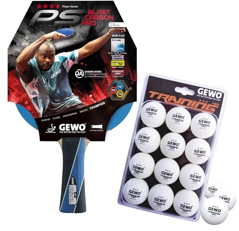 GEWO PS Blast Carbon Pro Tischtennisschläger & GEWO Tischtennisbälle Training 40+ - ITTF genehmigter Profi-Tischtennisschläger, konkav, 2,0mm Schwamm + 3 Sterne Tischtennis-Ball 12 Stück