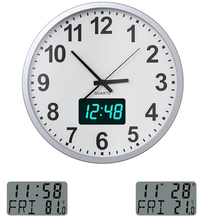 KWANWA Digital Wanduhr, lautlos, LED, Kalender, Temp., Batterie, 12H，30.5cm | Analog+Digital-Wanduhr, Silent-Sweep, Lichtsensor (LCD/LED), Datum, Temperatur, AA-Batterie