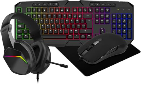 CiT Raptor 4-in-1 Gaming Bundle Kit - UK Layout Rainbow LED Keyboard (115 Keys), 2400 DPI USB Gaming Mouse, 40mm Headset with Mic (3.5mm + USB LED), Mouse Mat, Plug & Play for Windows PC | Black