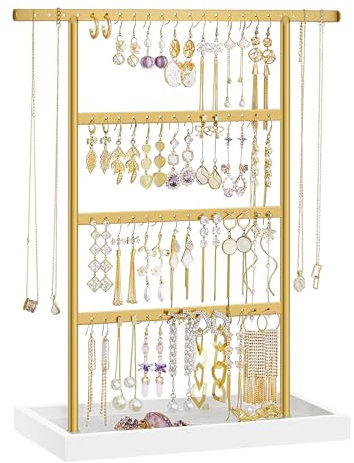 SONGMICS Jewellery Stand, 4-Tier Earring Holder Stand with Tray, Jewellery Organiser, Base Tray, for Studs Necklaces, Vintage, White and Gold Colour JJS019A01