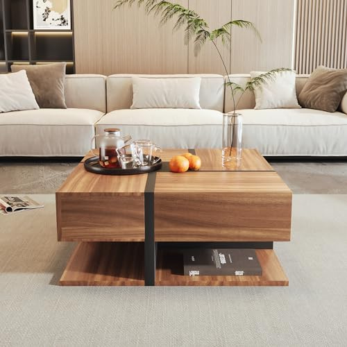 Merax Hochglanz Couchtisch mit 4 Schubladen und unterer Ablagefläche, einzigartiges Farb- und Liniendesign (78x78x36 cm) Holzfarbe