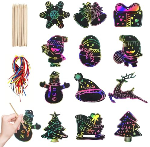 TECHEEL Natalizie Scratch Art,48 Pezzi Bambini Carta da Grattare Arcobaleno Natale Fogli di Disegni Scratch fogli neri da grattare bambini Decorazioni può Essere utilizzato per Decorazione di Natale