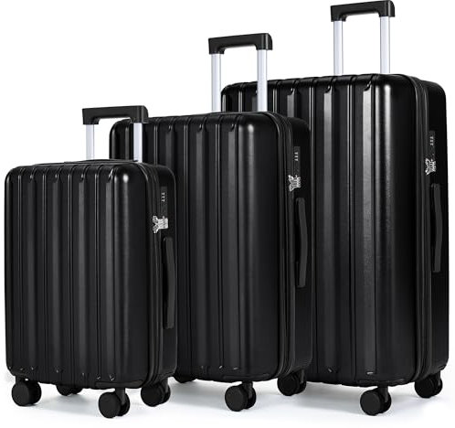 SHOWKOO Kofferset 3 Hartschale Erweiterbar Leicht 100% PC Haltbar Reisekoffer Trolley Handgepäck Sets mit TSA Schloss und 360° 4 Rollen (M L XL -Schwarz)