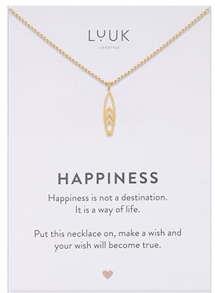 LUUK LIFESTYLE Collier avec pendentif différent en acier inoxydable étanche (50 cm), carte HAPPINESS, porte bonheur, bijoux minimalistes, idée cadeau femme, anniversaire, Noël, Argent, Doré y Rose